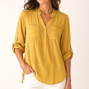 Intro Women‎ Mustard Yellow Roll Tab Sleeve Large Petite Button Down 40651R2